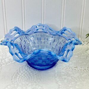 Vintage Fenton Opalescent Candy Bon Bon Dish Bowl Blue Weaved Ruffled Edge